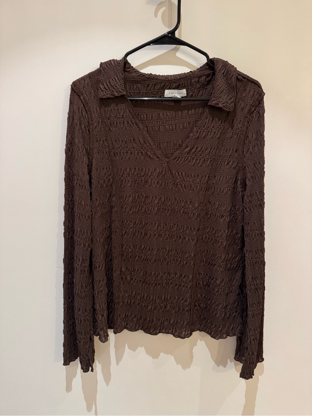 Topshop Brown Textured V-Neck Long Sleeve Top